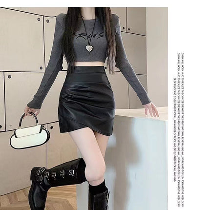 Black pu leather skirt skirt women's autumn and winter 2025 new high waist slimming irregular pleated hip skirt