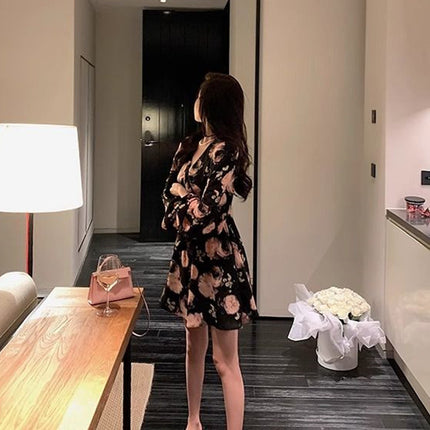Light Luxury and Classy Sweet Retro Rose Print Long-Sleeved Elegant Waist Dress Classy Slim Floral Skirt