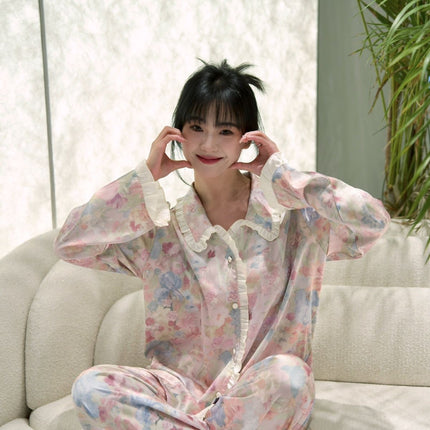 New spring ice silk pajamas women's sweet [Secret Garden] long-sleeved trousers suit homewear can be worn outside