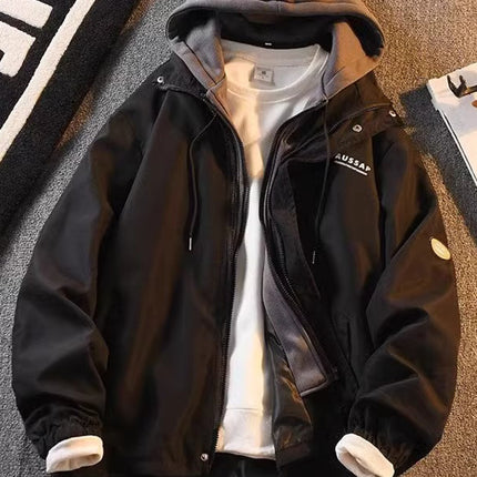 American Retro Fake Two-piece Hooded Jacket Men's Winter fleece-lined Thickened Warm Casual Jacket Home Figure# WT152