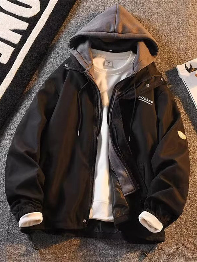 American Retro Fake Two-piece Hooded Jacket Men's Winter fleece-lined Thickened Warm Casual Jacket Home Figure# WT152