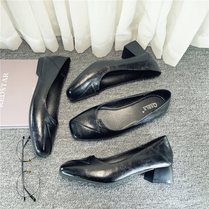 Work Shoes Women's Square Head Black Professional Work Interview Thick Heeled Middle Heeled Stewardess Flat Single Shoes Women