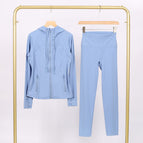Haze blue hooded steel-printed jacket and nine-point pants suit / 2/S