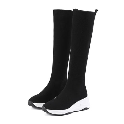 Over-The-Knee Long Boots 2025 Winter New Elastic Sock Boots Fleece-Lined to Heattech, Slimming Look and Heightening Leather Boots Manufacturer Wholesale