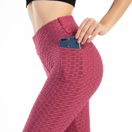 Amazon European and American Leggings Peach Fitness Pants High Waist Hip Leggings Pocket Jacquard Bubble Yoga Pants