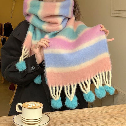 New Colorful Striped Scarf for Women, Winter High-End Thickened Warm Colorful Pom-Pom Versatile Neck Warmer Dopamine Trend