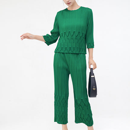 Women's Spring Women's Suits, High-End Pleated Clothes, a Complete Set of T-Shirts, Tops, Straight Pants, Miyake Two-Piece Set