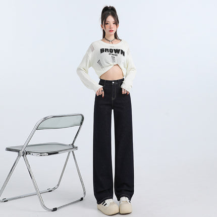 Korean-style Casual Tannin Blue High-waist Straight Pants 2025 Spring New All-match Stretch Slim-fit Jeans for Women