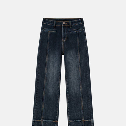 Blue-Gray Straight-Leg Fleece-Lined Towel Bottom Special Embroidered Jeans for Women, Winter 2025, High-Waisted, Slimming, Petite, Cropped Cigarette Pants