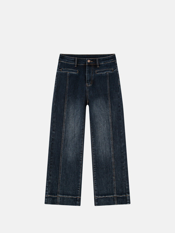 Blue-Gray Straight-Leg Fleece-Lined Towel Bottom Special Embroidered Jeans for Women, Winter 2025, High-Waisted, Slimming, Petite, Cropped Cigarette Pants