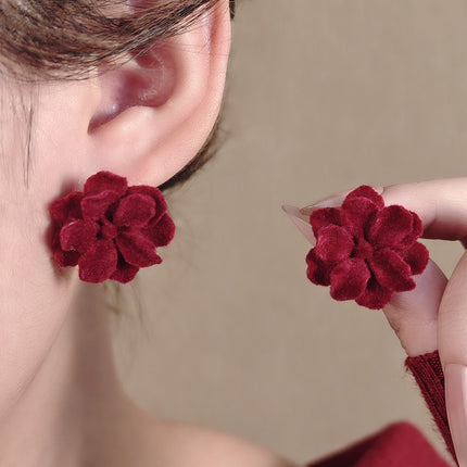 925 Silver New Wine Red Flocking Earrings Elegant Atmosphere Bow Rose New Year Spring Festival Chinese Style Earrings