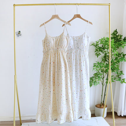 Summer Bra-free Cotton Crepe Chest Pad Sling Thin Nightgown Women's Double-layer Gauze Exterior Wear