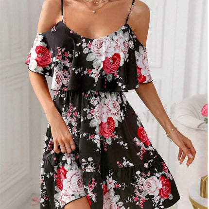 Foreign Trade European and American Style Classic Bohemian Print Cold Shoulder Pleat dress
