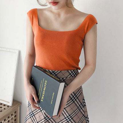 Knitted condole strap ice silk vest women's summer black and white outer wear base shirt square collar slim fit top tide wholesale