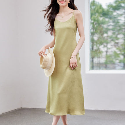 Silk Suspender Dress Women's Summer Texture Large Size Casual Skirt with Bottoming Slit Backless Long Skirt
