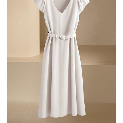 Amazon Spring and Summer New Skin-Friendly and Comfortable V-Neck Fashionable and Elegant Work Clothing Casual Pure Color Mid-Length Skirt & Without Belt
