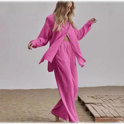 2024 European and American women's shirt pants set long sleeve lapel shirt and elastic pants 2 piece set fashion office suit