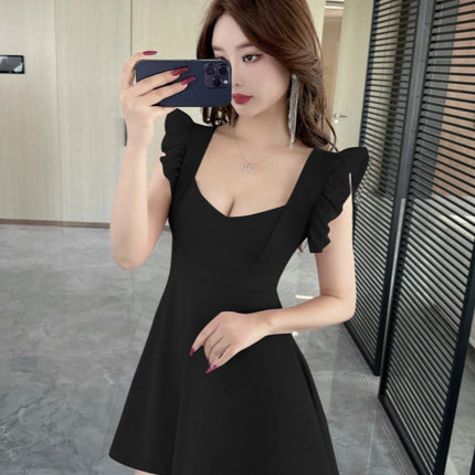 Real shot 8906 sexy A- word dress low-cut flying sleeve fashion temperament waist big swing foot bath technician work clothes