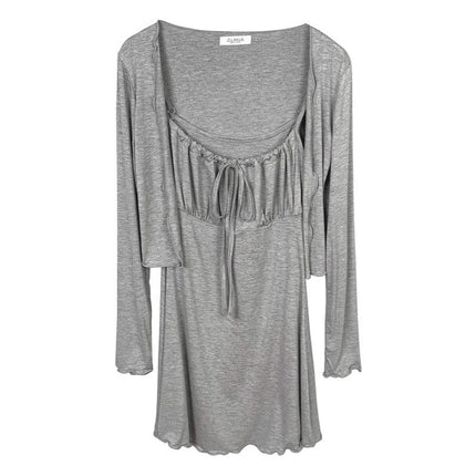 Korean Dongdaemun Gentle and Sexy Little Woman Comfortable Thin Cardigan + Waist-Cinching Figure-Flattering Ruffle Strap Dress