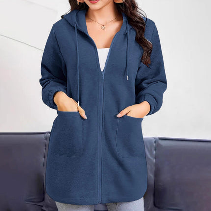 2025 European and American Cross-Border Casual Hooded Jacket for Women with Zipper Pockets, Long Hoodie, Casual Style