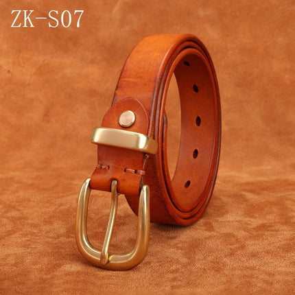 Handmade Vintage Copper Buckle Jeans Versatile Belt for Women Hong Kong Style Top Layer Cowhide Pin Buckle Genuine Leather Belt Vegetable Tanned