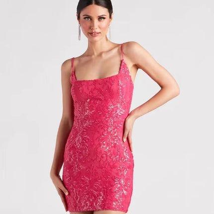 Cross-Border Hot-Selling Women's Clothing Amazon Summer Sequined Suspenders Sexy Hip-Hugging Slim Mini Dress (7 Colors)