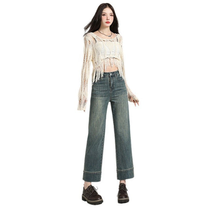 Korean-style All-match Cropped Straight Jeans Women's 2025 Spring New High Waist Elastic Slimming Smoke Pipe and French Stick Pants