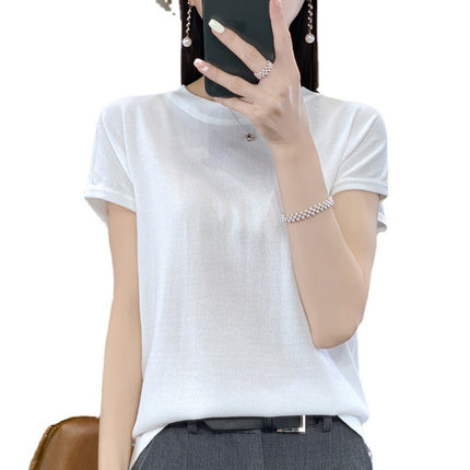 ShorT-sleeved T-shirT for Women 24 Summer New Round Neck Ice Silk Thin BreaThable ImiTaTion Sun Slimming Look BoTToming KniTwear T-shirT Half-sleeved