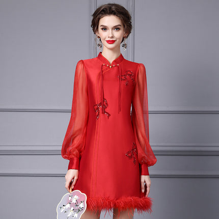 Zhili New Chinese Style Red Festive A-Line Dress 2026 Spring New Model Tummy-Concealing Long Sleeve Dress for Important Occasions