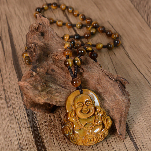 Natural tiger eye stone money Buddha pendant necklace crystal laughing Buddha jade pendant Maitreya Buddha pendant sweater chain wholesale