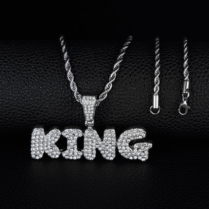European and American Hip-Hop Versatile Men's Diamond-Studded Letter King Fashion Pendant Necklace Accessory Factory Supply Hip-Hop Style