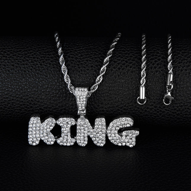 European and American Hip-Hop Versatile Men's Diamond-Studded Letter King Fashion Pendant Necklace Accessory Factory Supply Hip-Hop Style