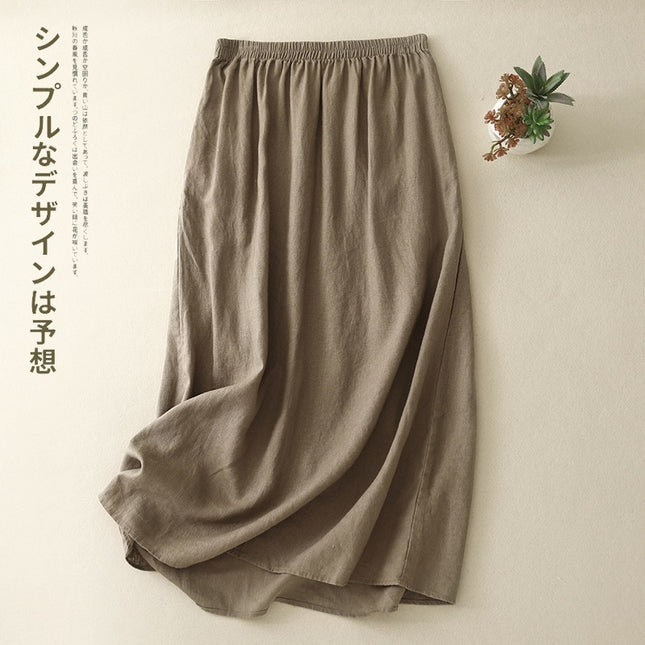 Real Shot of Japanese Style 2025 New Summer Linen Skirt with Elastic Waist, Loose Mid-Length A-Line Retro Simple Skirt
