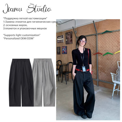 JIAMU American Style High Street Pleated Pants Retro Baggy Loose Wide Leg Neutral Scimitar Casual Pants for Men and Women