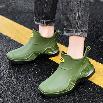 Military Green Trendy Cool Fashion Men's Short Rain Boots Sports Style Men's Waterproof Rubber Shoes Thickened Widened Non-Slip Men's Foreign Trade Rain Boots