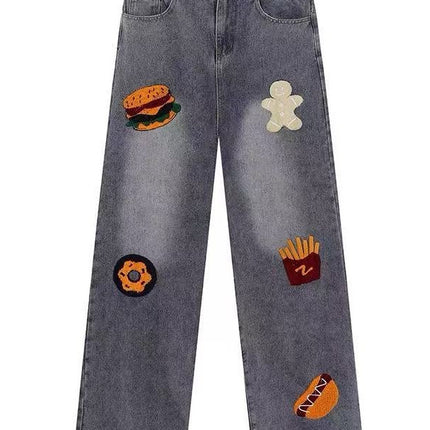 American Retro Niche Creative Burger Fries Towel Embroidered Jeans Men's Street Fashion Brand Loose Casual Long Pants