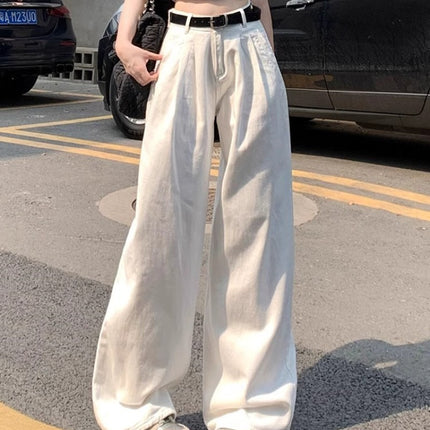 White Wide Leg Jeans Women's Trendy All-match New High Waist Slimming Pleated Lazy Drape Straight Trousers