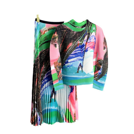 Miyake Style Design Niche Watercolor Print Two-Piece Set European Fashionable Elegant Top Pleated Skirt Two-Piece Set