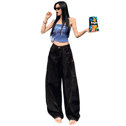 American Embroidered Stitching Machete Wide Leg Jeans Women's 2025 Spring New High Waist Loose Sickle Mop Pants