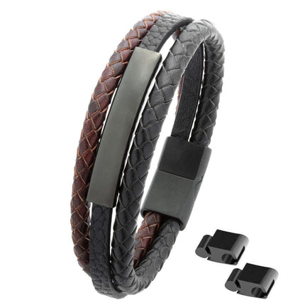 European and American new titanium steel men's bracelet laser lettering cross-border simple stainless steel woven leather magnetic buckle bracelet