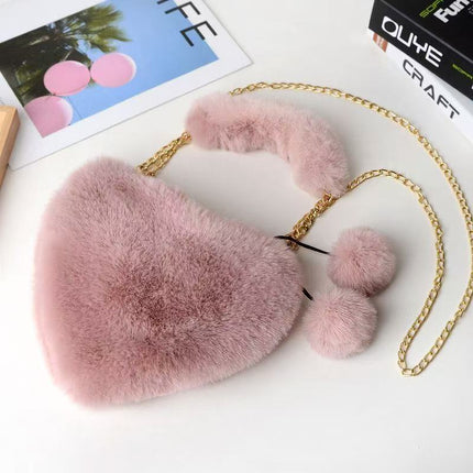 Autumn and Winter Portable Heart Plush Bag, Fashionable Chain Crossbody Plush Bag, Peach Heart Bag, Popular Fur Trendy Style for Women