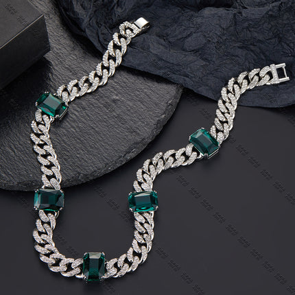 Emerald New Hip-Hop Necklace, Fashionable and High-End Alloy Rhinestone Cuban Chain Pinduoduo Drop Shipping
