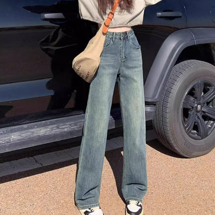 plus size Cement Grey Straight Leg Jeans Women's Fashionable All-match New High Waist Slimming Narrow Style Wide Leg Pants
