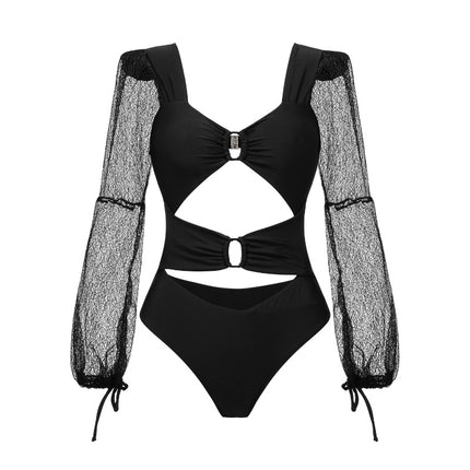 2024 European and American Swimwear New Mesh Long Sleeve Hollow Solid Color Swimsuit Women's Cross-border Explosion 2287