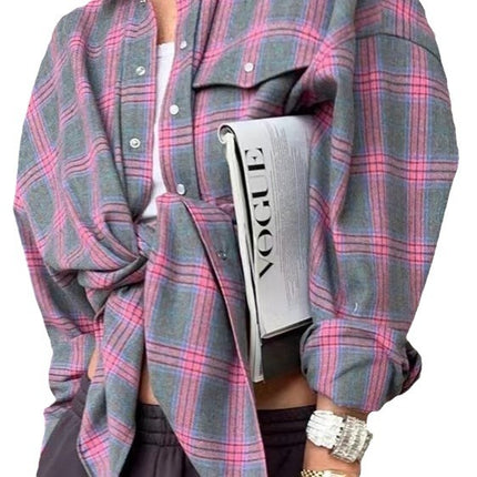 2024 Spring and Autumn Amazon OZON Cross-border Retro Style All-match Loose Shirt * Fashion All-match Plaid Shirt Women