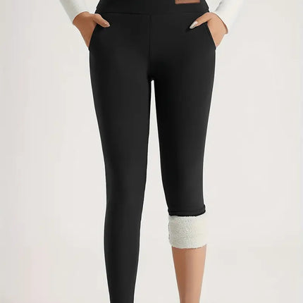 Cross-Border Women's High Waist Warm Fleece-Lined Leggings - Super Soft Stretch Yoga Pants Pocket Casual Pants