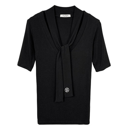 South Korea Dongdaemun V-neck Strap Sexy Figure Feminine Tight Slimming All-match Short-sleeved T-shirt Top Women's Clothing