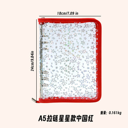 Japanese A5 Transparent Loose-leaf Black Glitter Zipper 6-hole Notebook Ins Style Star Chaser Ledger PVC Case