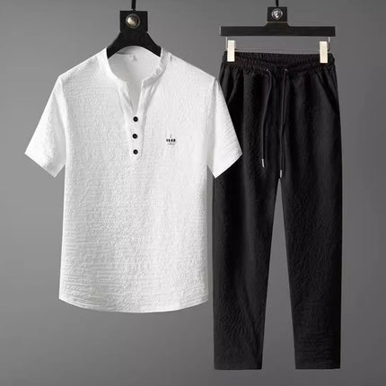 2025 New Style Thin Casual Sports suit Men's Summer Chinese Style High-end V-neck Embroidery Slim-fit Short-sleeved Two-piece Set