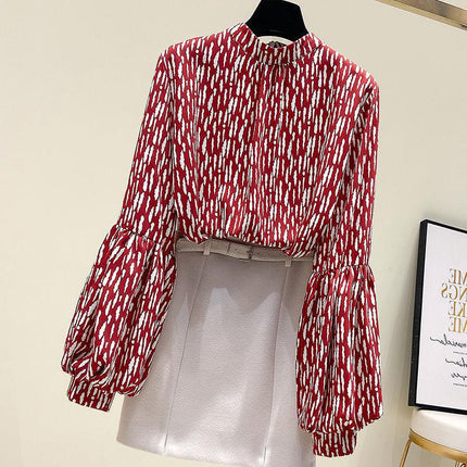 Spring New Fashion Floral Silk Shirt Women's Design Sense Niche Chiffon Lantern Sleeve Shirt Lace Shirt, Snow
